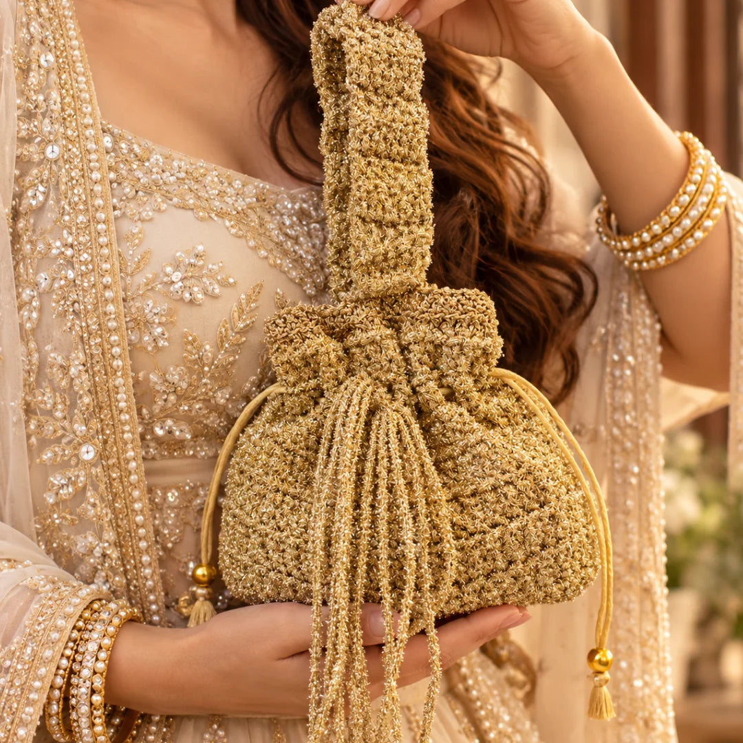 Shiroli Handmade Metallic Gold - Shimmer Potli Crochet Bag - Image 3