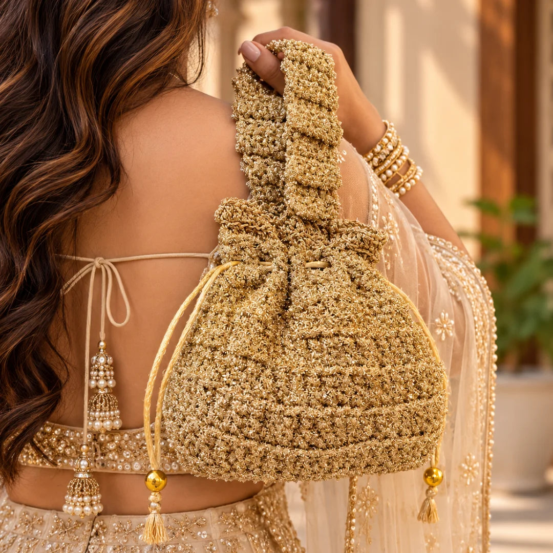 Shiroli Handmade Metallic Gold - Shimmer Potli Crochet Bag - Image 4