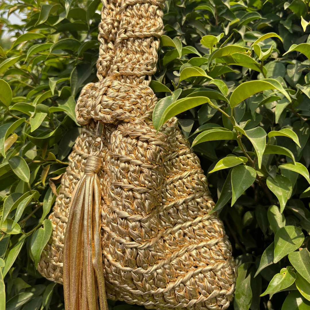 Shiroli Handmade Metallic Gold Japanese Knot Crochet Bag- Image 7