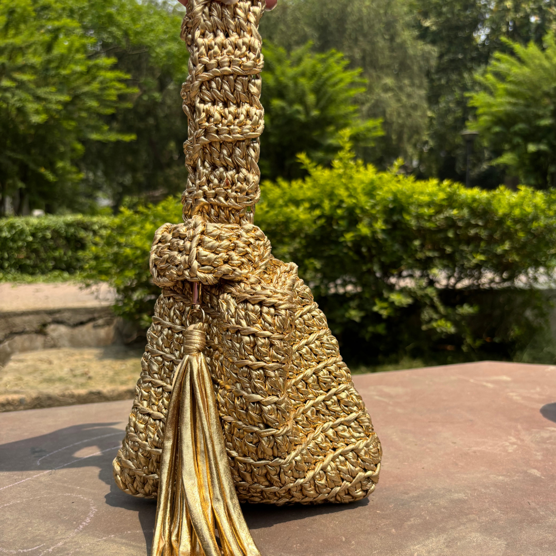 Shiroli Handmade Metallic Gold Japanese Knot Crochet Bag-Image4