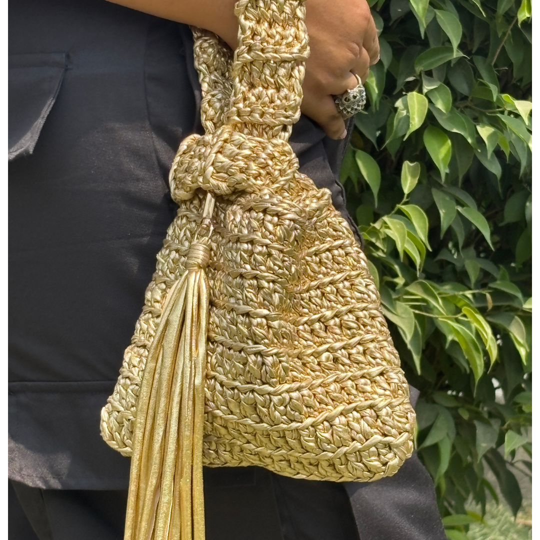 Shiroli Handmade Metallic Gold Japanese Knot Crochet Bag-Image5