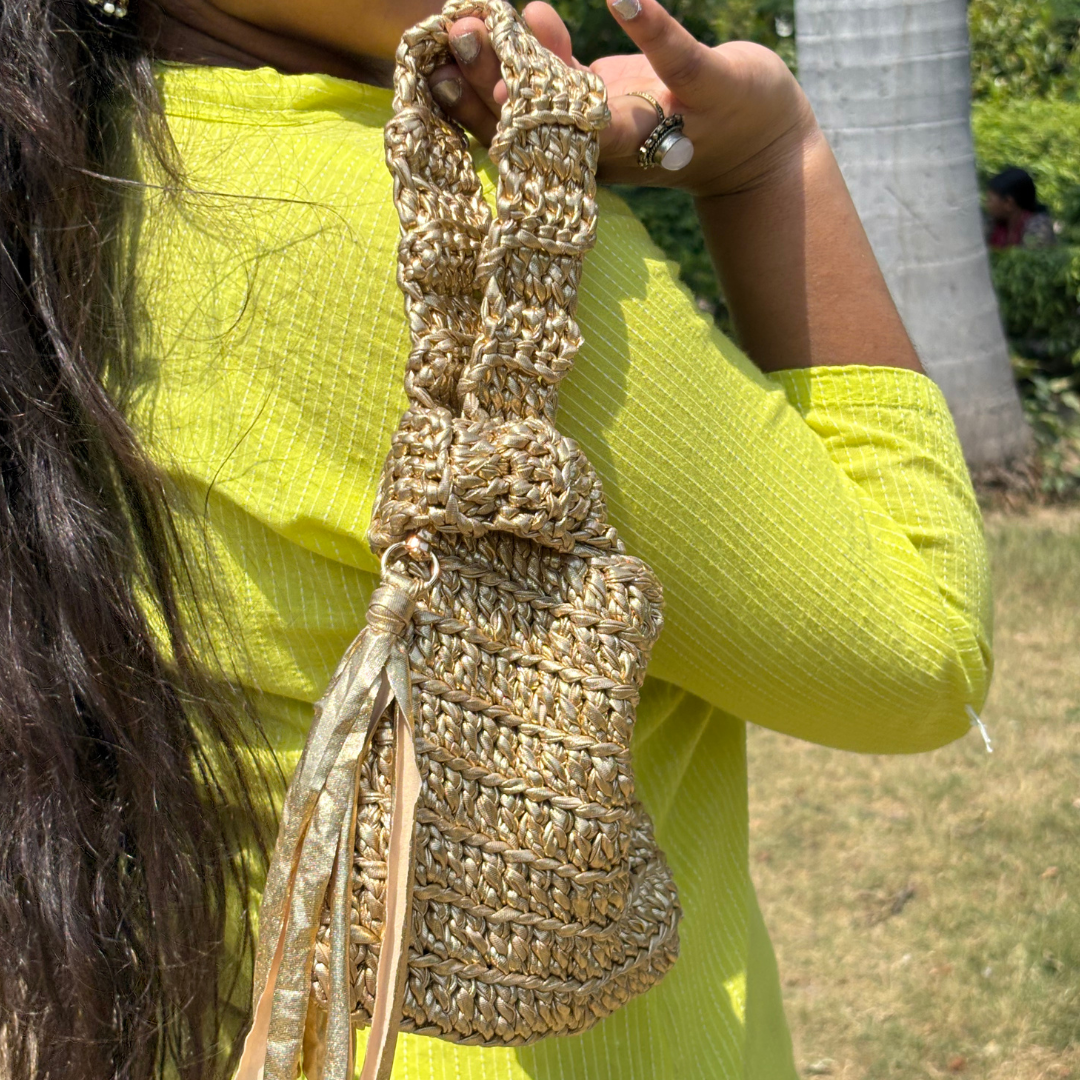 Shiroli Handmade Metallic Gold Japanese Knot Crochet Bag-Image6