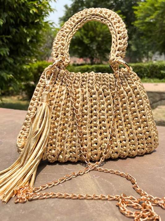 Shiroli Handmade Metallic Gold Trapezoid Crochet Bag- Image 1