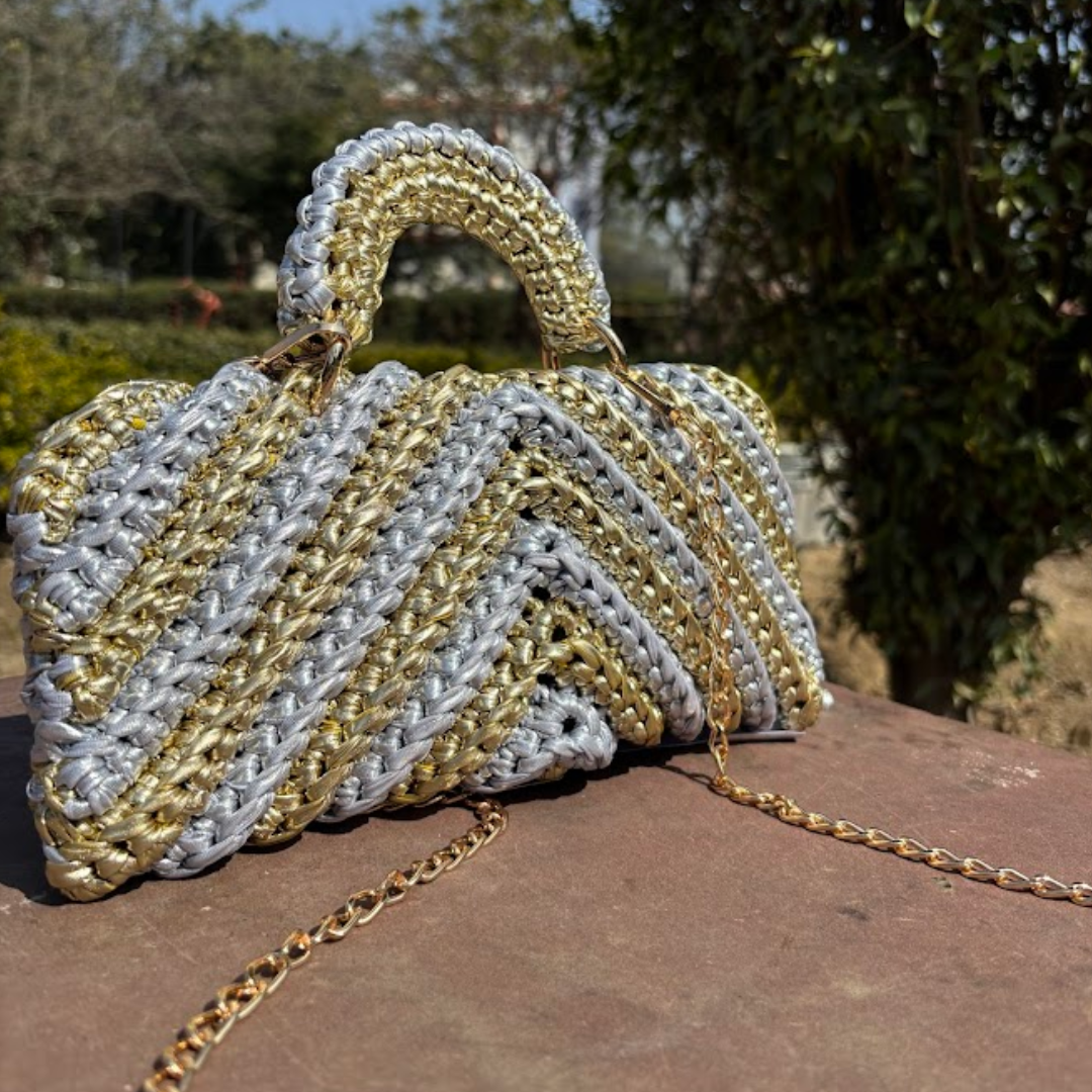 Shiroli Handmade Metallic Gold & Silver - Braided Crochet Bag - Image 2