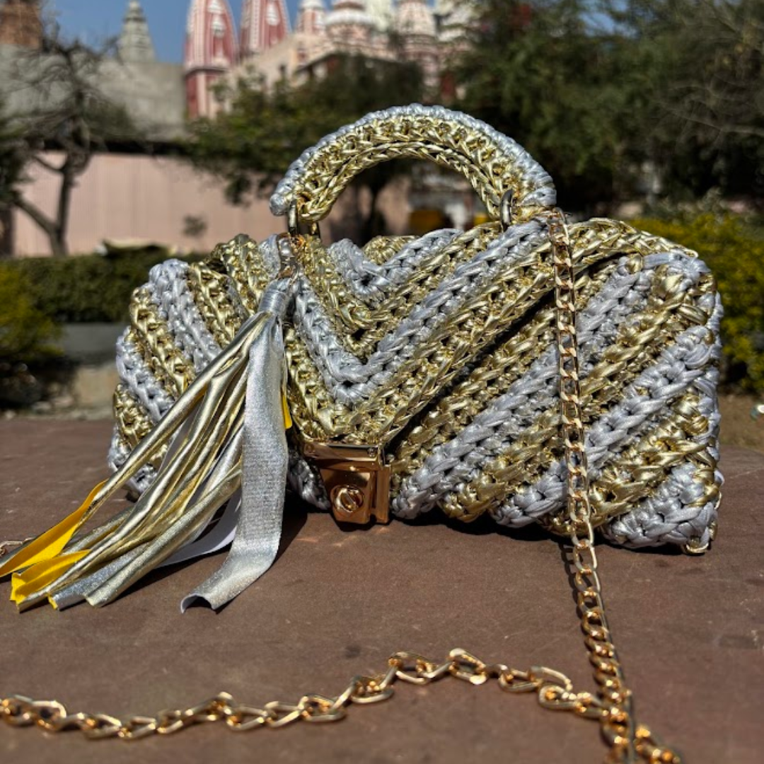 Shiroli Handmade Metallic Gold & Silver - Braided Crochet Bag - Image 4