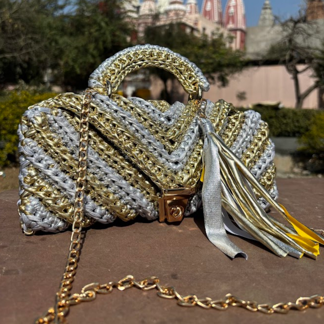 Shiroli Handmade Metallic Gold & Silver - Braided Crochet Bag - Image 3
