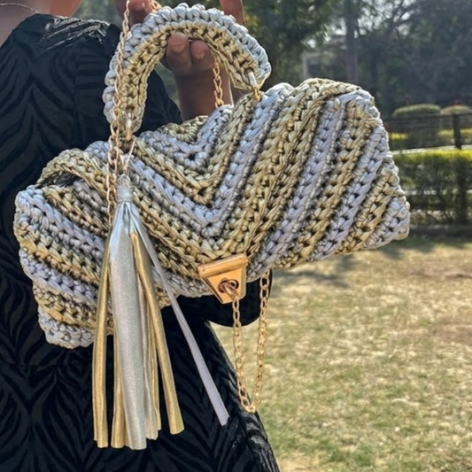 Shiroli Handmade Metallic Gold & Silver - Braided Crochet Bag - Image 1