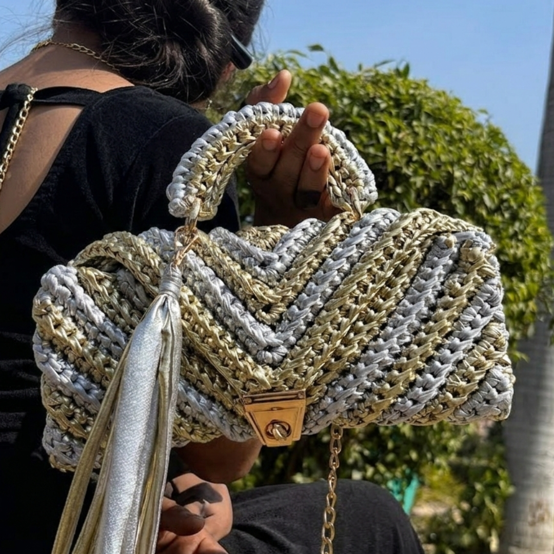 Shiroli Handmade Metallic Gold & Silver - Braided Crochet Bag - Image 5