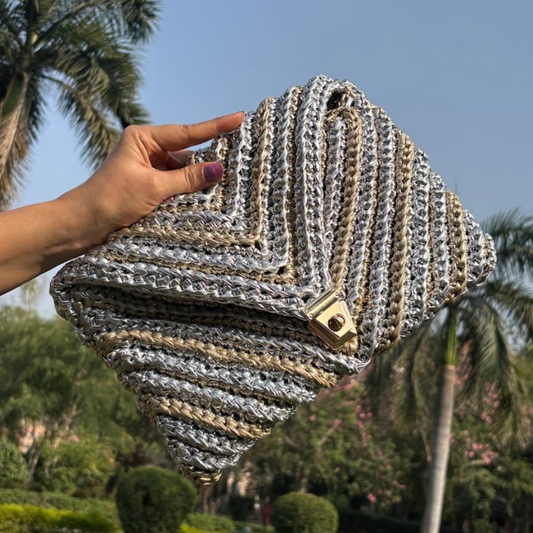 Shiroli Handmade Metallic Gold & Silver - Envelope Braided Crochet Bag- Image 1