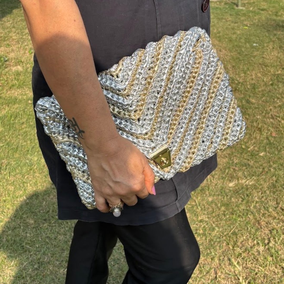 Shiroli Handmade Metallic Gold & Silver - Envelope Braided Crochet Bag- Image 4
