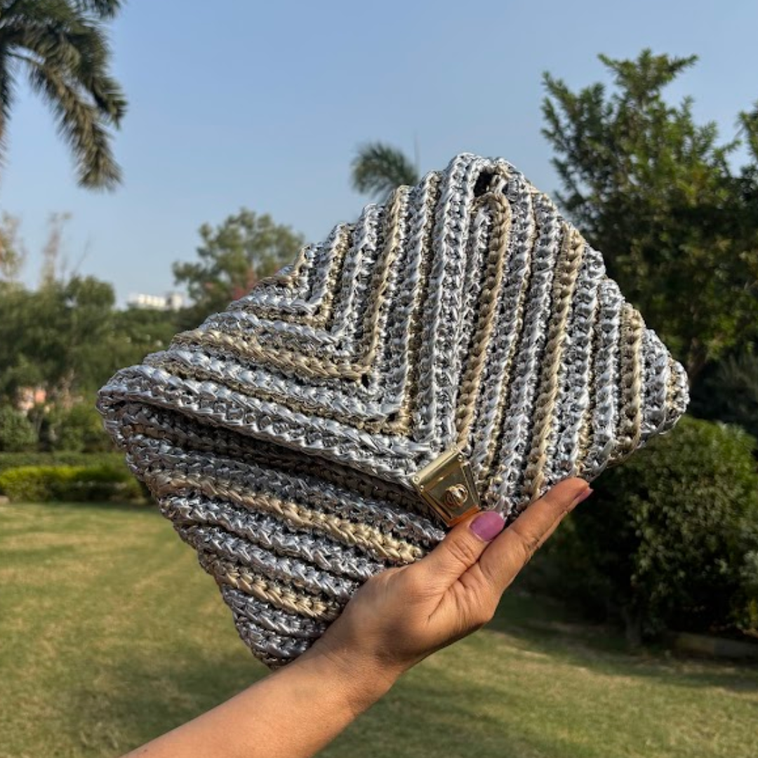 Shiroli Handmade Metallic Gold & Silver - Envelope Braided Crochet Bag- Image 2