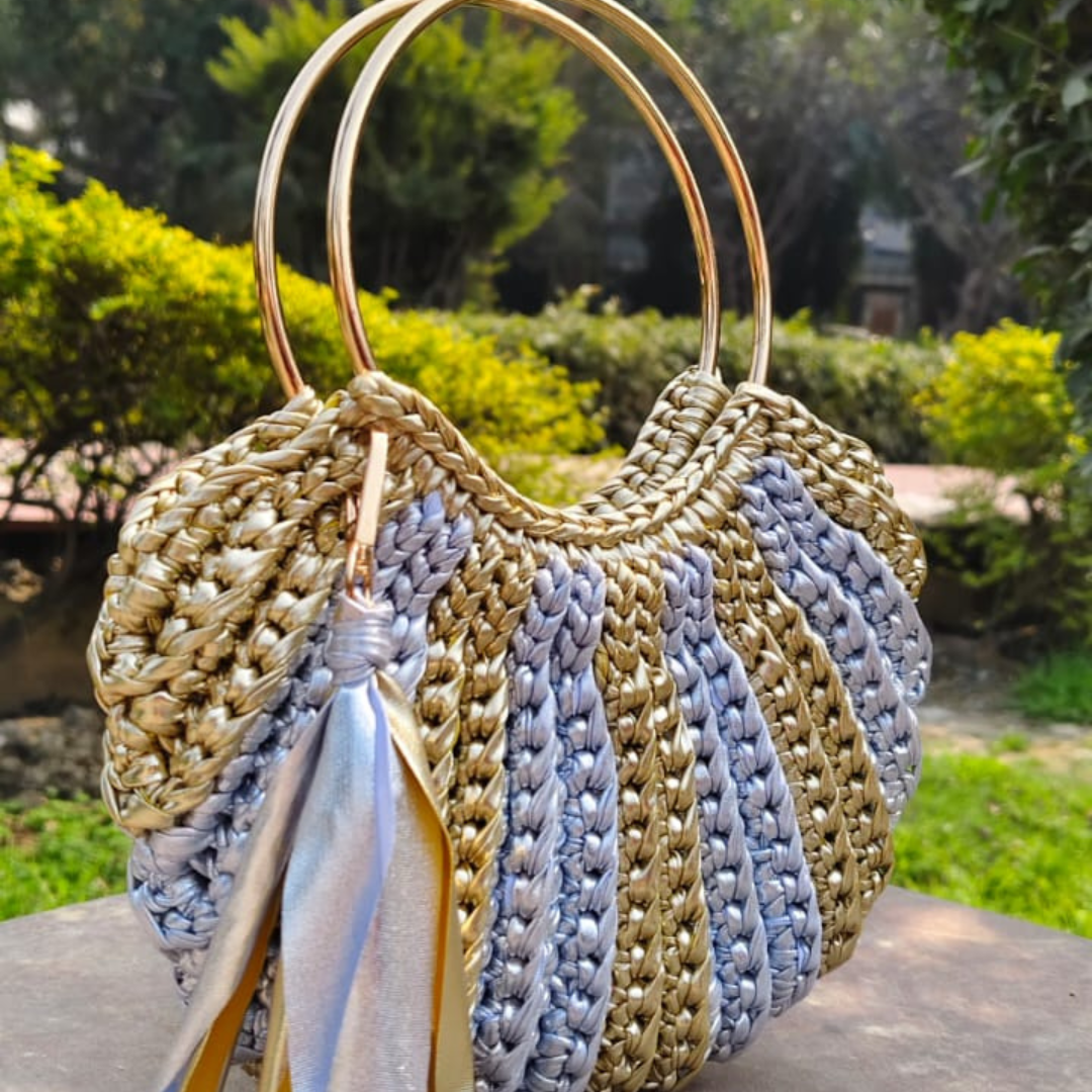 Shiroli Handmade Metallic Gold & Silver - Luxe Crochet Bag - Image 3