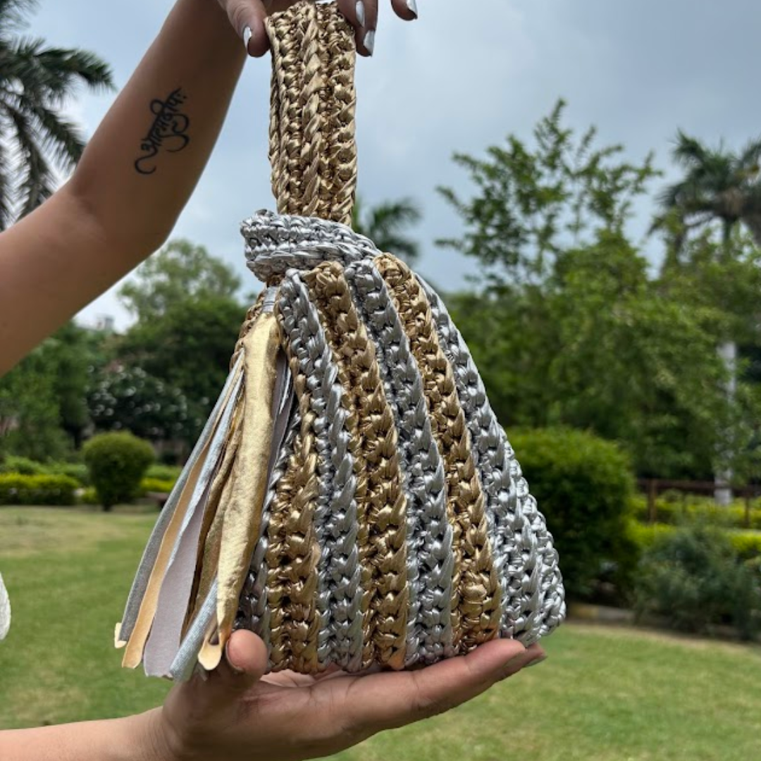 Shiroli Handmade Metallic Gold & Silver Lines- Japanese Knot Crochet Bag - Image 1