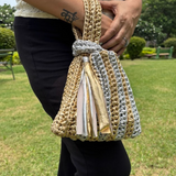 Shiroli Handmade Metallic Gold & Silver Lines- Japanese Knot Crochet Bag - Image 5