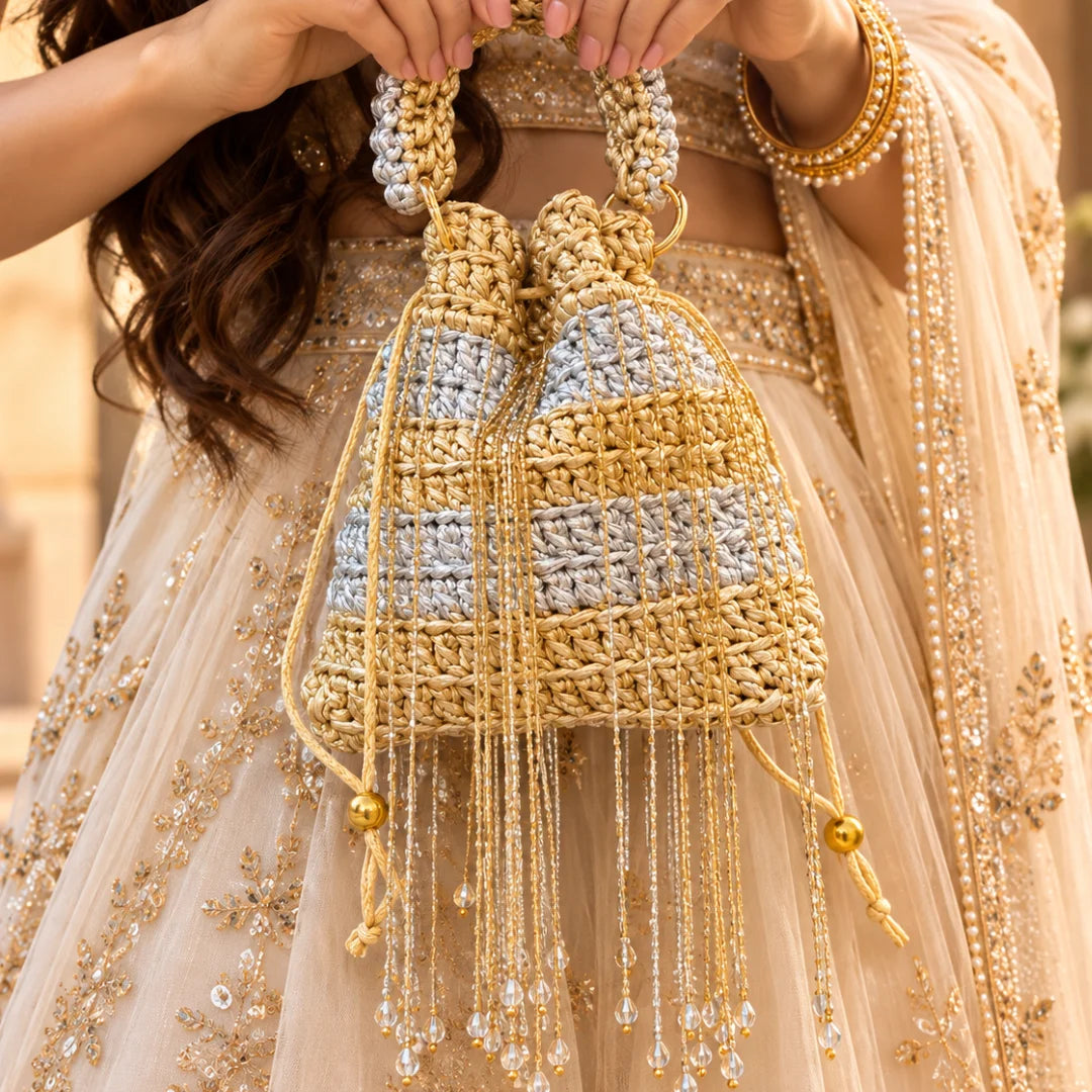 Shiroli Handmade Metallic Gold & Silver – Chandni Potli Crochet Bag - Image 4