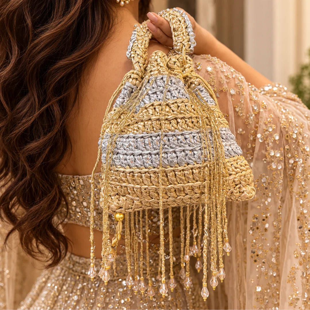Shiroli Handmade Metallic Gold & Silver – Chandni Potli Crochet Bag - Image 3