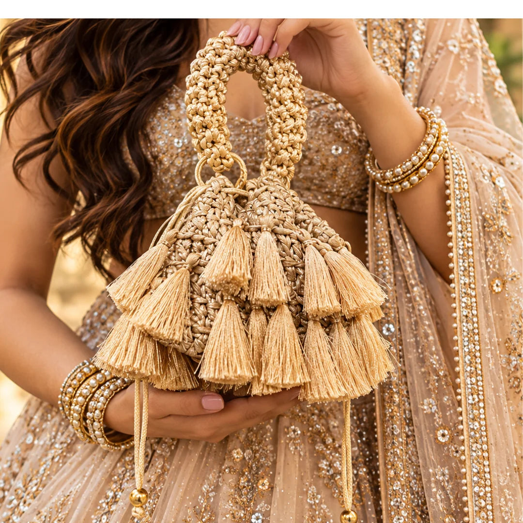 Shiroli Handmade Metallic Gold – Tassel Potli Crochet Bag - IMAGE 1