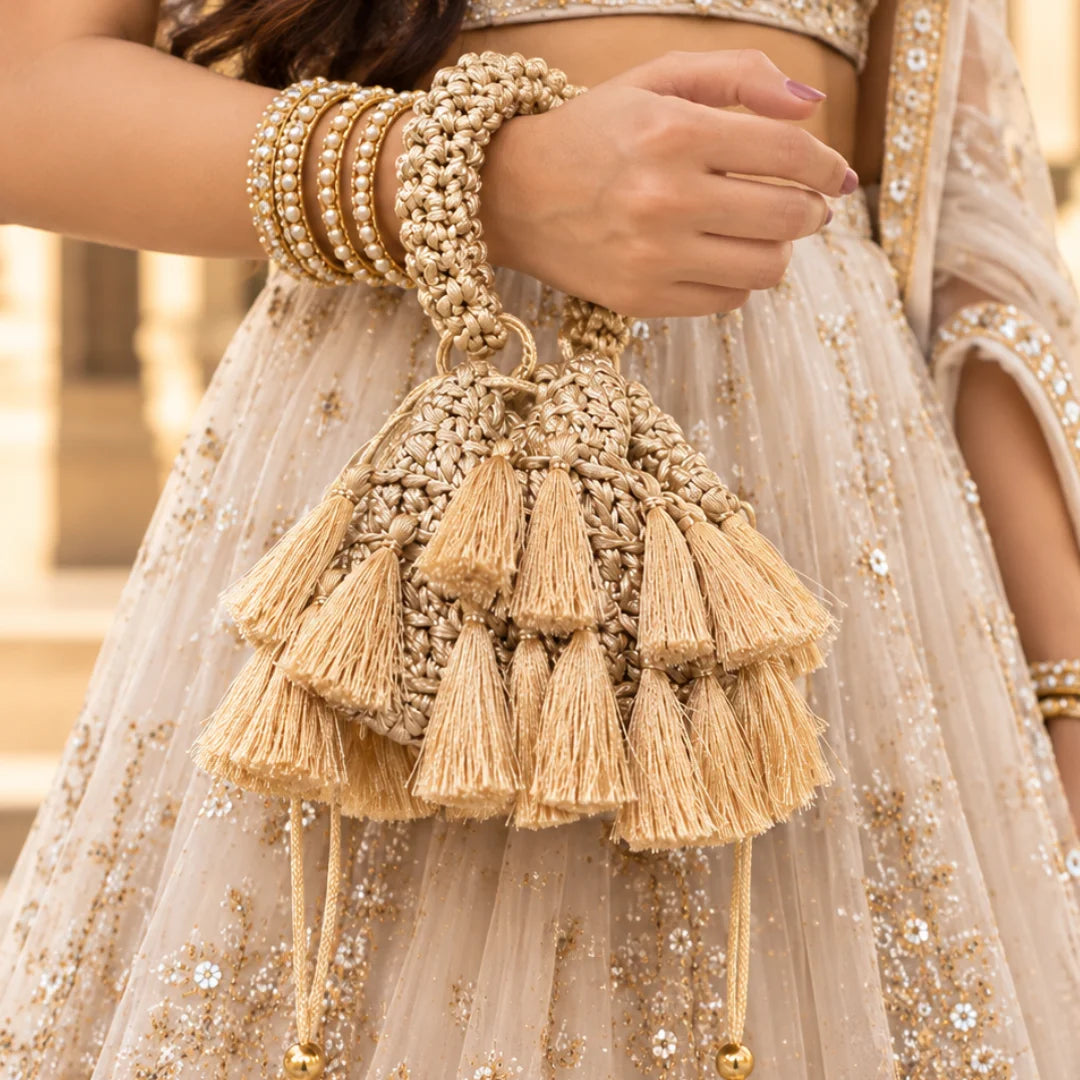 Shiroli Handmade Metallic Gold – Tassel Potli Crochet Bag - IMAGE 2