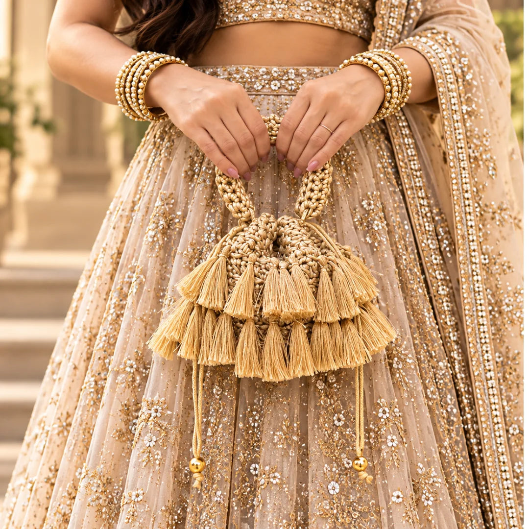 Shiroli Handmade Metallic Gold – Tassel Potli Crochet Bag - IMAGE 3