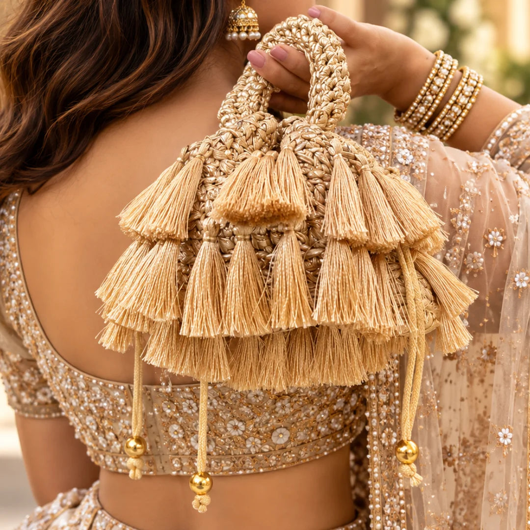 Shiroli Handmade Metallic Gold – Tassel Potli Crochet Bag - IMAGE 4