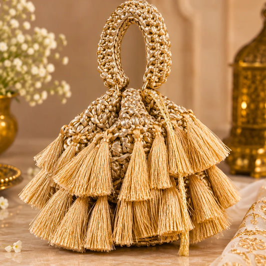 Shiroli Handmade Metallic Gold – Tassel Potli Crochet Bag - IMAGE 5