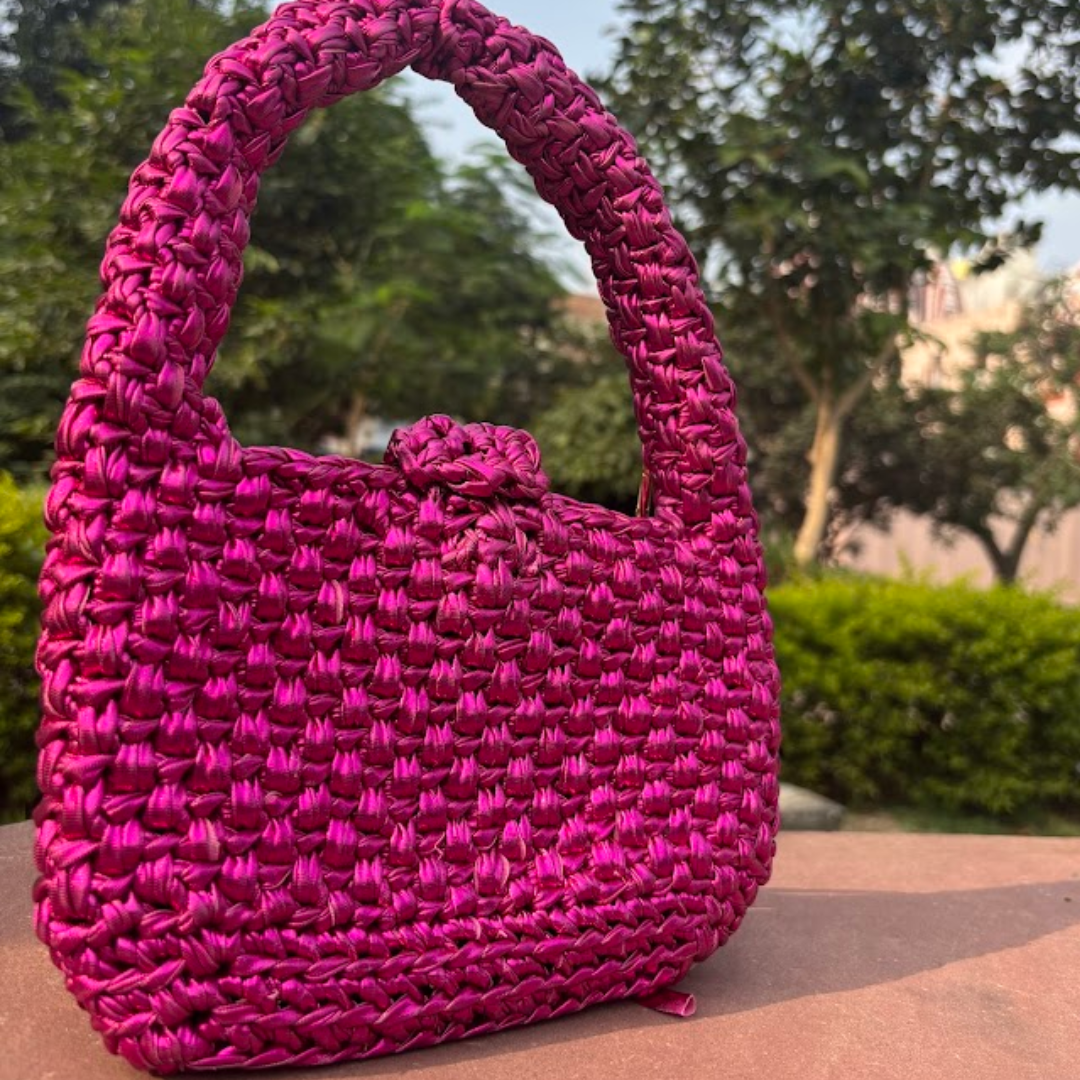 Shiroli Handmade Metallic Hot Pink- Top Handle Satchel Crochet Bag- Image 3