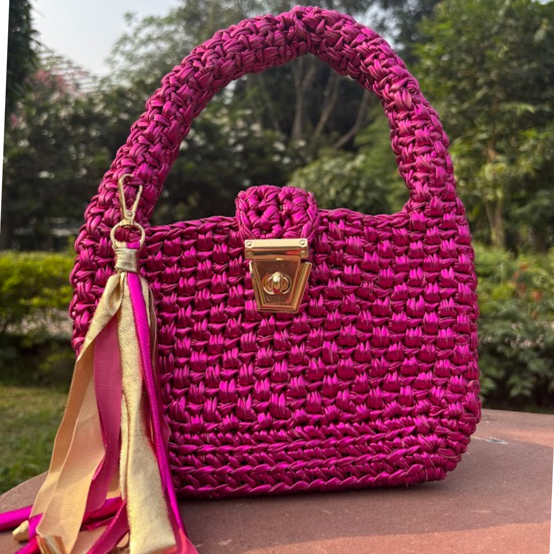 Shiroli Handmade Metallic Hot Pink- Top Handle Satchel Crochet Bag- Image 4