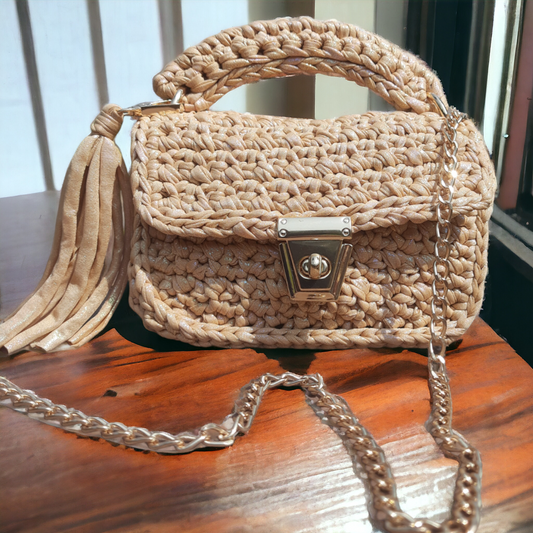 Shiroli Handmade Metallic Magic Beige Crochet Bag - Image 5