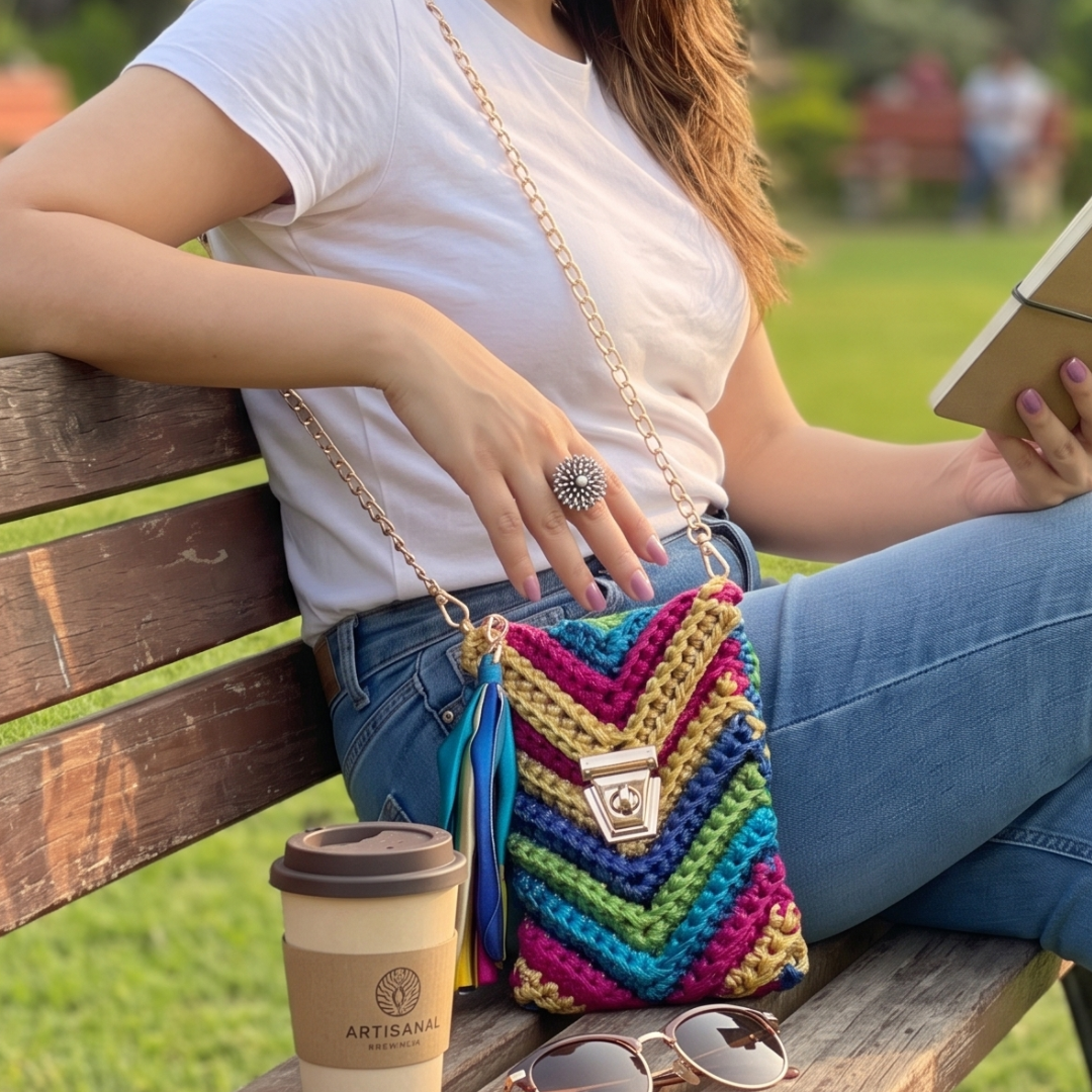 Shiroli Handmade Metallic Particolored - Mobile Sling Crochet Bag- Image 4