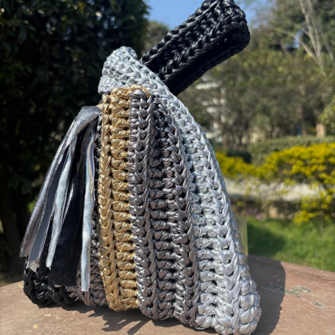 Shiroli Handmade Metallic Platinum Muse - Japanese Knot Crochet Bag- Image 2