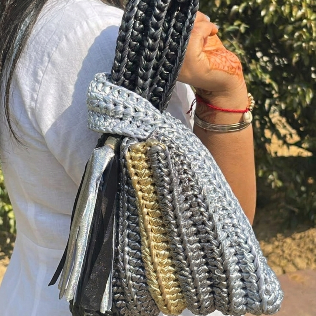 Shiroli Handmade Metallic Platinum Muse - Japanese Knot Crochet Bag- Image 4