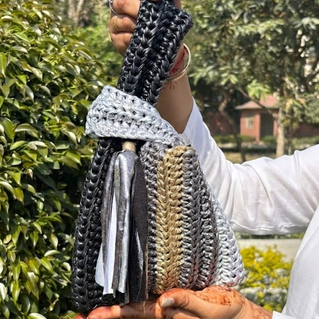 Shiroli Handmade Metallic Platinum Muse - Japanese Knot Crochet Bag- Image 5