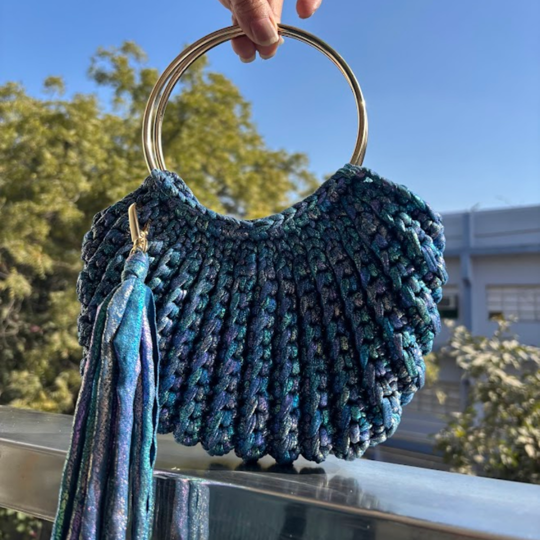 Shiroli Handmade Metallic Prismatic Blue - Luxe Crochet Bag - Image 3