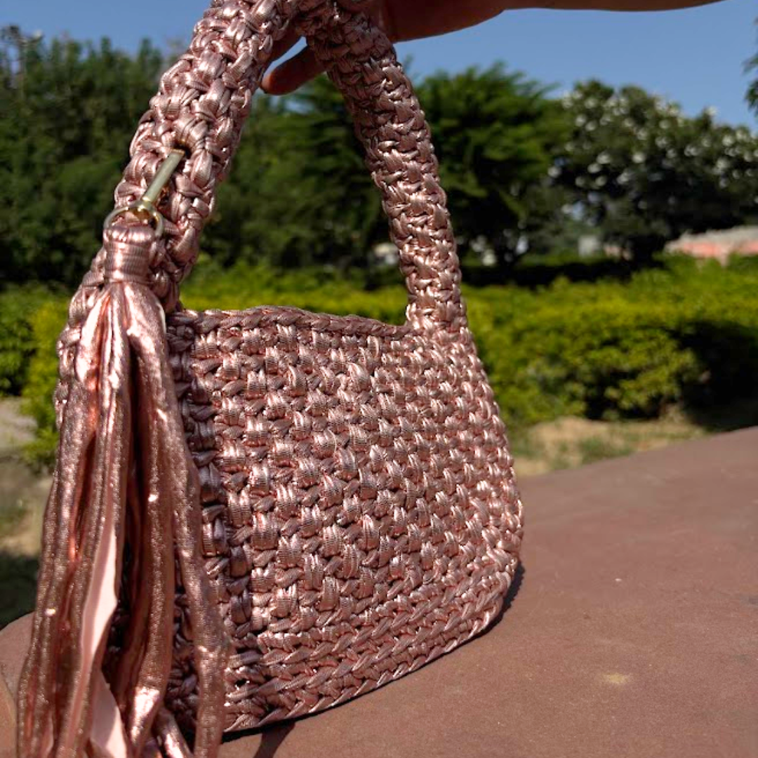 Shiroli Handmade Metallic Rose Gold - Top Handle Elite Crochet Bag - Image 4