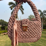 Shiroli Handmade Metallic Rose Gold- Top Handle Satchel Crochet Bag - Image 2