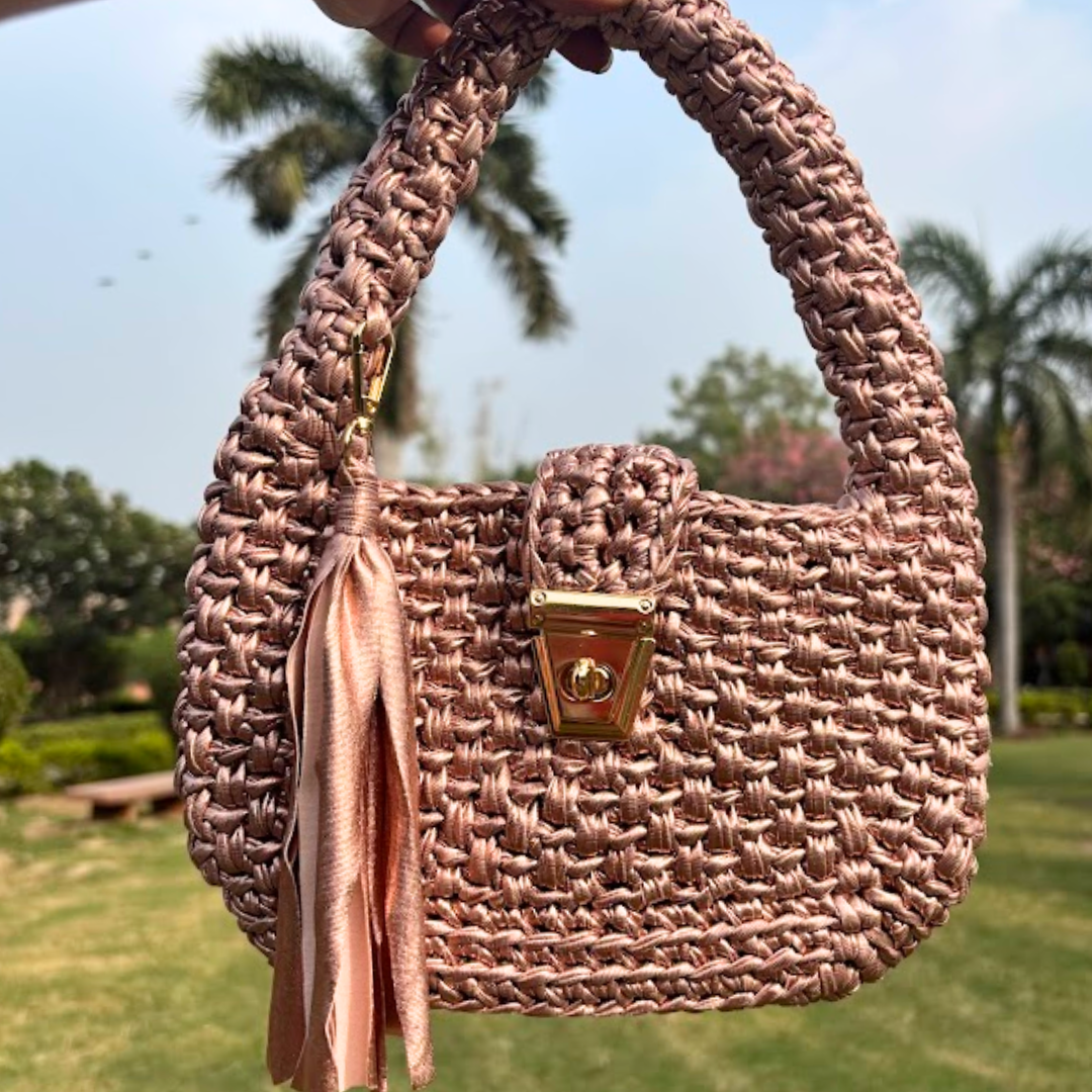 Shiroli Handmade Metallic Rose Gold- Top Handle Satchel Crochet Bag - Image 2