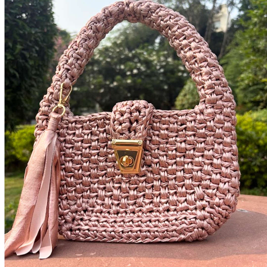Shiroli Handmade Metallic Rose Gold- Top Handle Satchel Crochet Bag - Image 3