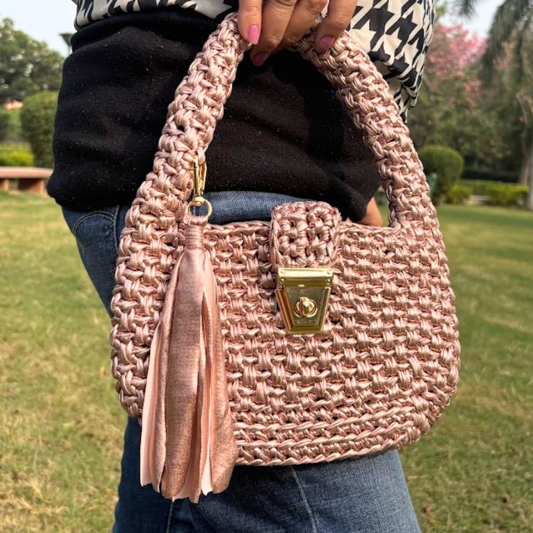 Shiroli Handmade Metallic Rose Gold- Top Handle Satchel Crochet Bag - Image 5