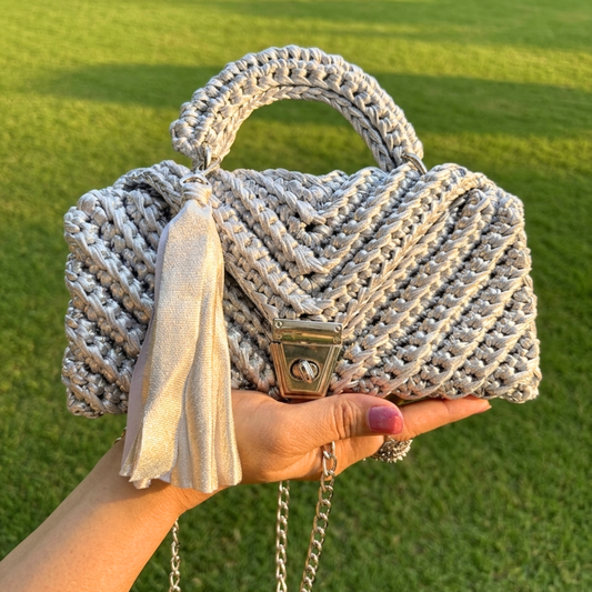 Shiroli Handmade Metallic Silver - Braided Crochet Bag- Image 1