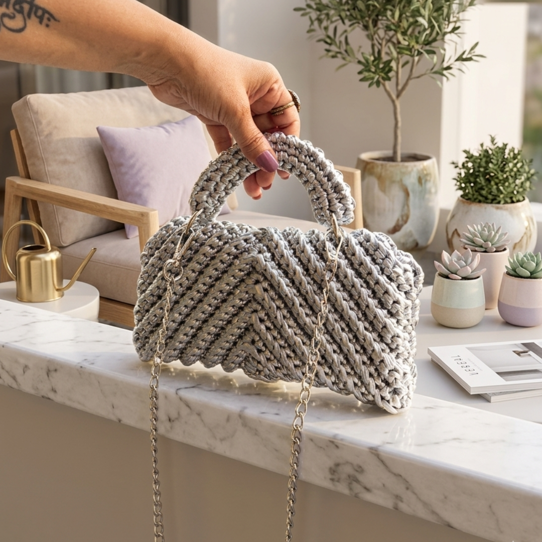 Shiroli Handmade Metallic Silver - Braided Crochet Bag- Image 3