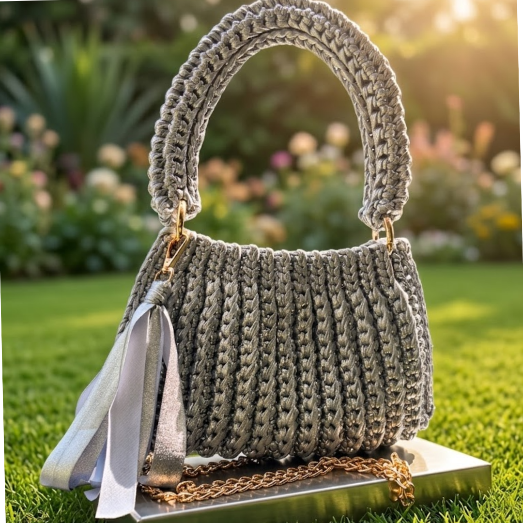 Shiroli Handmade Metallic Silver - Trapezoid Crochet Bag - Image 1