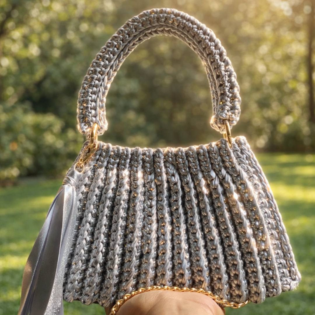 Shiroli Handmade Metallic Silver - Trapezoid Crochet Bag - Image 2