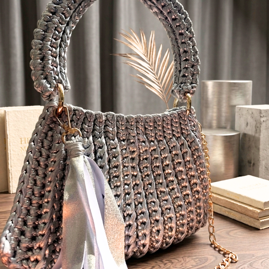 Shiroli Handmade Metallic Silver - Trapezoid Crochet Bag - Image 5