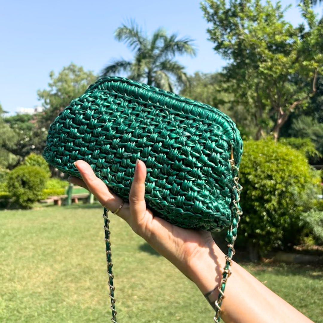 Shiroli Handmade Designer Metallic Emerald Green - Clutch Crochet Bag- Image 7