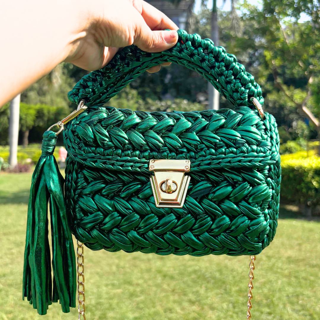 Shiroli Handmade Designer Metallic Emerald Green Crochet Bag - Image 2