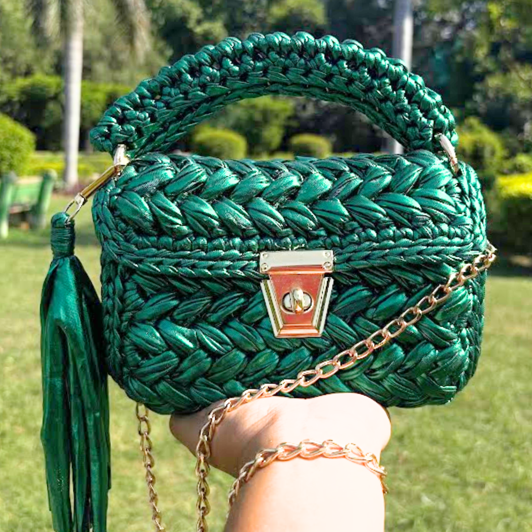 Shiroli Handmade Designer Metallic Emerald Green Crochet Bag - Image 3