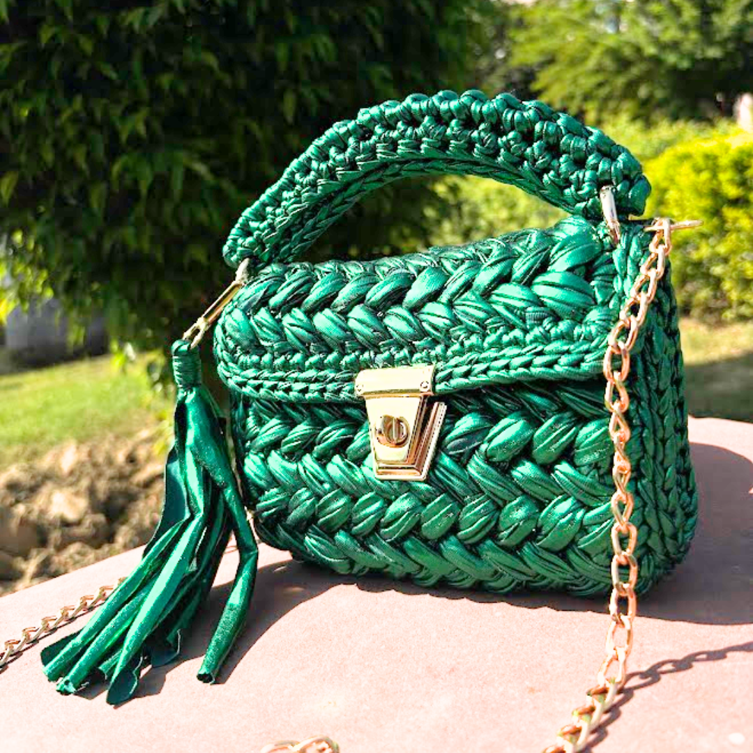 Shiroli Handmade Designer Metallic Emerald Green Crochet Bag - Image 5