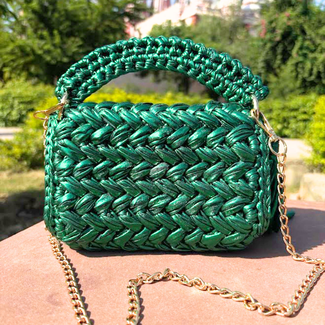 Shiroli Handmade Designer Metallic Emerald Green Crochet Bag - Image 6