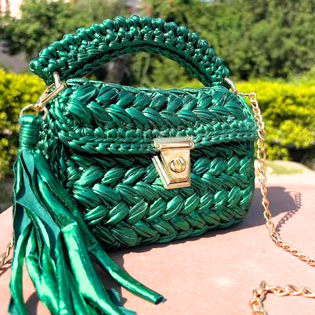 Shiroli Handmade Designer Metallic Emerald Green Crochet Bag - Image 8