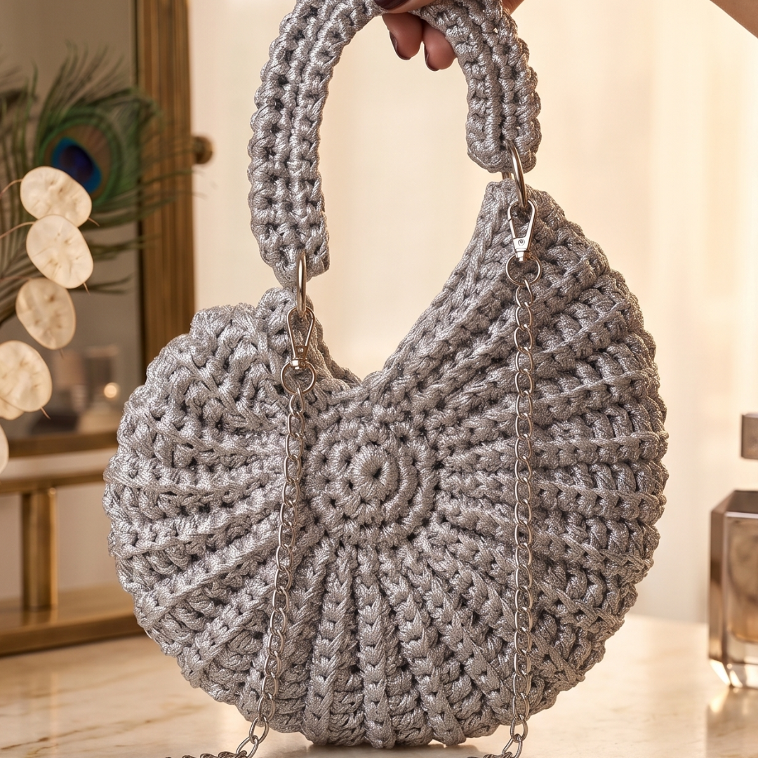 Shiroli Handmade Designer Metallic Silver - Shell crochet Bag - Image 2
